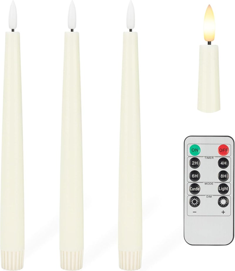 AFINETH Flameless Taper Candles with 3D Wick, 9.6" Real Wax LED Candles with Remote and Timer, 3 Pack Flickering Candlesticks Battery Operated, Classic Tall Taper Candles for Home, Wedding, Party, Ivory - Image 1